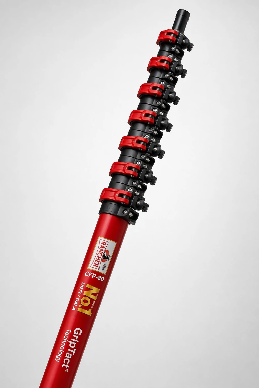A Rancher Doti CFP-80 photographed in the studio, part-extended on the diagonal, showing the stack of red double-lock clamps and the GripTact marking on the red shaft