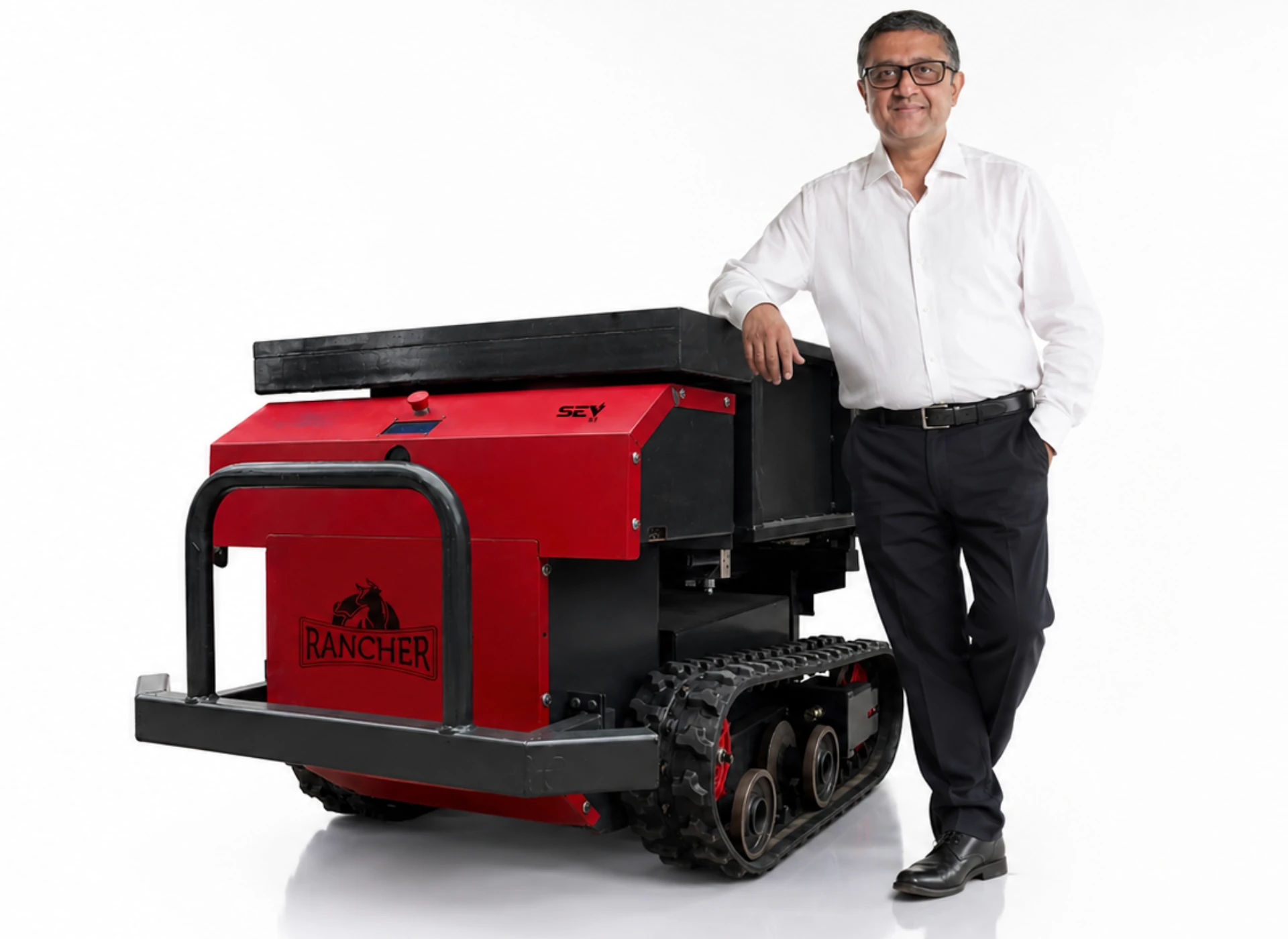 Rajesh Keelambi, founder of Keelambi Agri Tech, standing beside the Rancher SEV 5.1