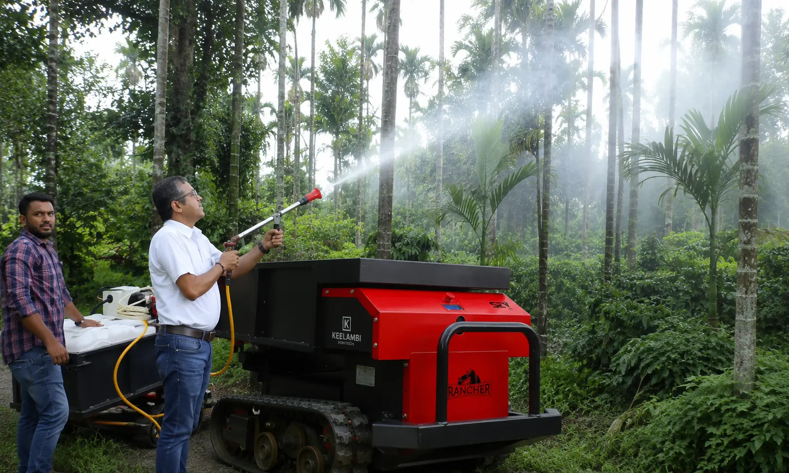 Rancher SEV spraying an areca canopy