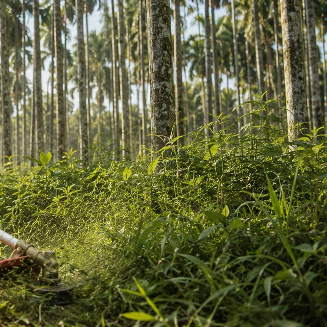 Undergrowth between arecanut trunks, part-cleared by a Rancher RXB45