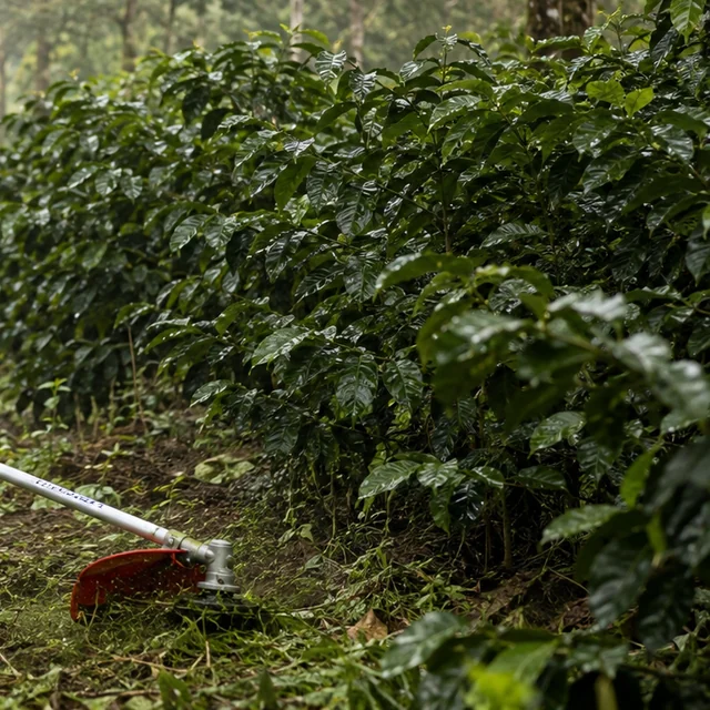 A Rancher RXB45 cutting head clearing between rows in a coffee estate