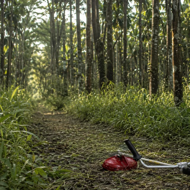 A cleared avenue through an arecanut plantation with a Rancher RXB45 on the ground