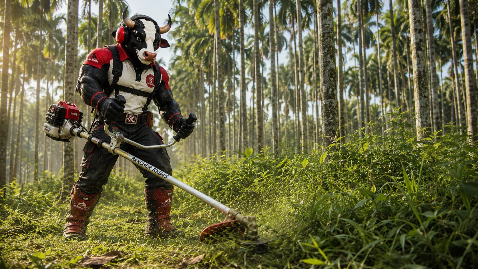 Rancher RXB45 professional brush cutter clearing undergrowth in an arecanut plantation