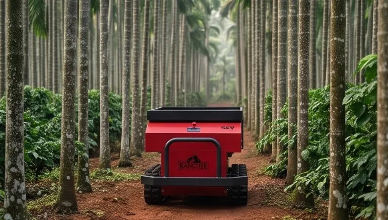 The Rancher SEV 5.1 moving down a plantation row between coffee bushes
