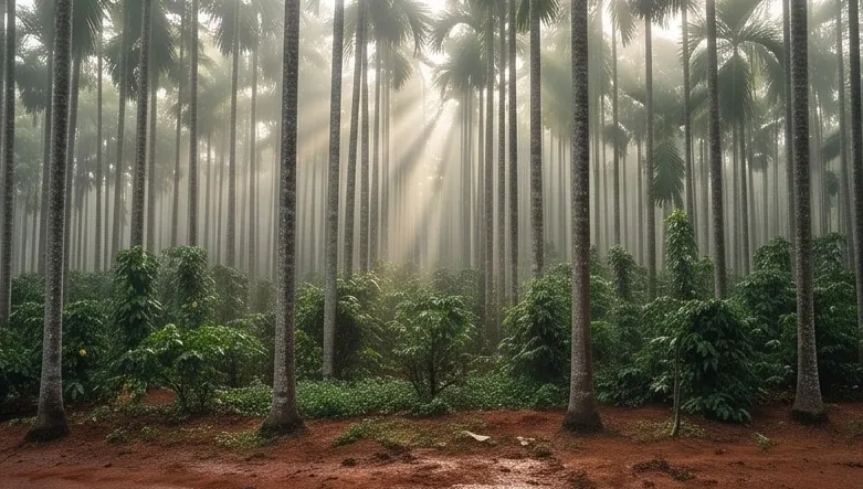 An arecanut and coffee plantation on red laterite soil at first light