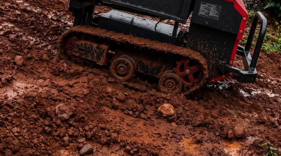 The Rancher SEV 5.1 tracks biting into wet laterite on a Karnataka estate slope